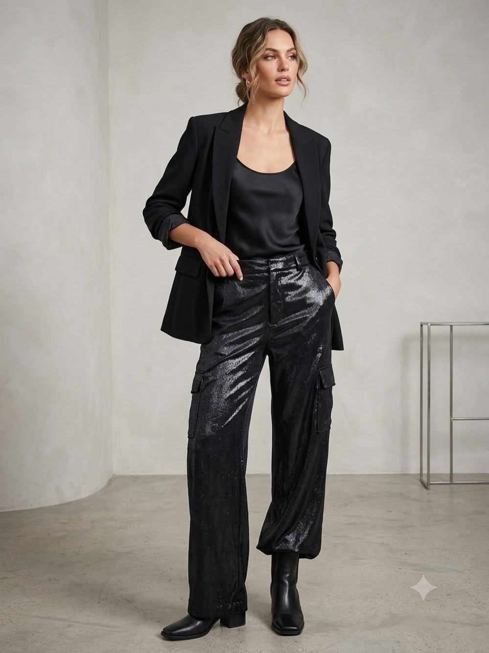 Guess Black Sequin Cargo Wide-Leg Pants